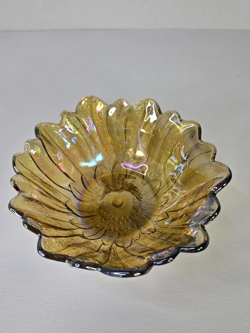 Vintage Indiana Iridescent Carnival Glass Marigold Sunflower Candy/Trinket Dish